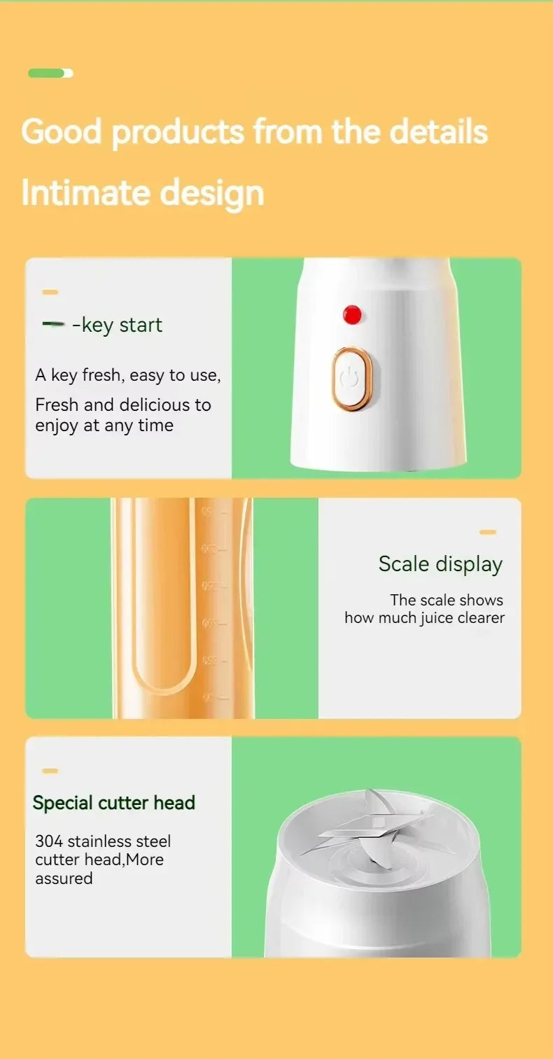White portable blender featuring a one-touch power button, volume scale markings, and a stainless steel cutter head.