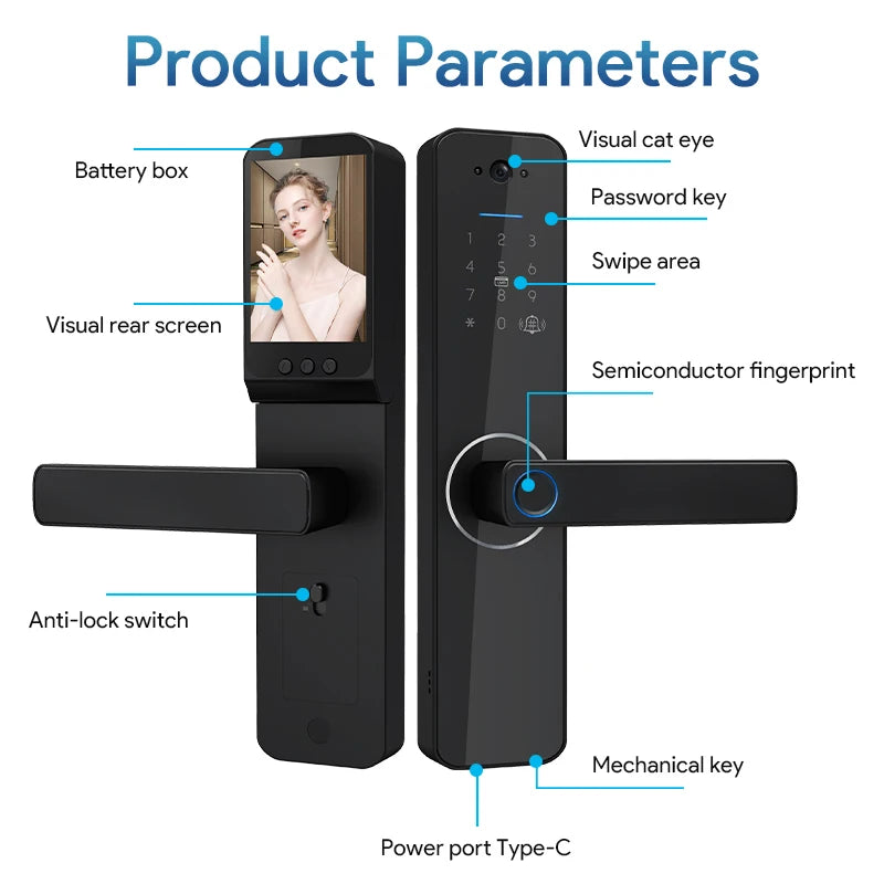 Smart black electronic door lock featuring a built-in camera, screen, fingerprint scanner, and keypad.