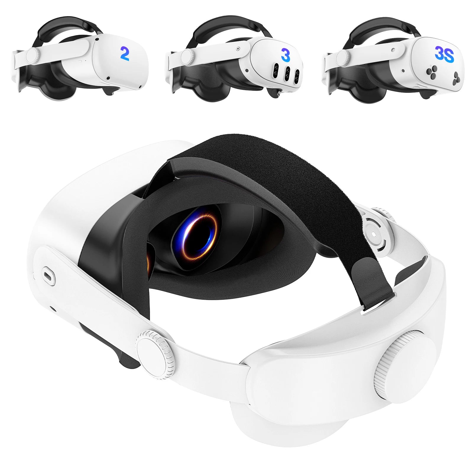 White, ergonomic adjustable VR headset strap with a padded black top band and rear adjustment dial for secure fit.