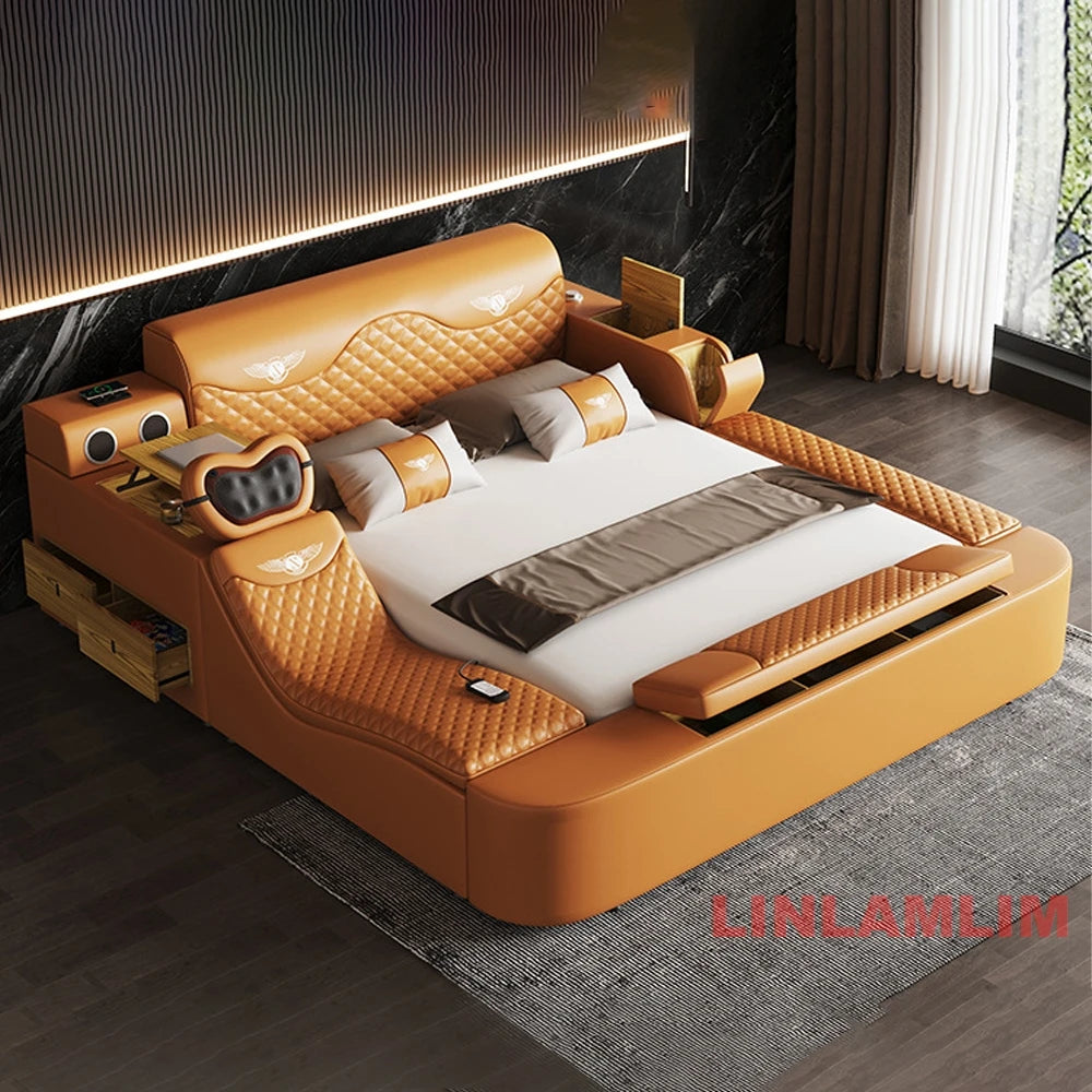 Luxury tan leather all-in-one bed featuring quilted upholstery, integrated storage, LED lighting, and bedside speakers.