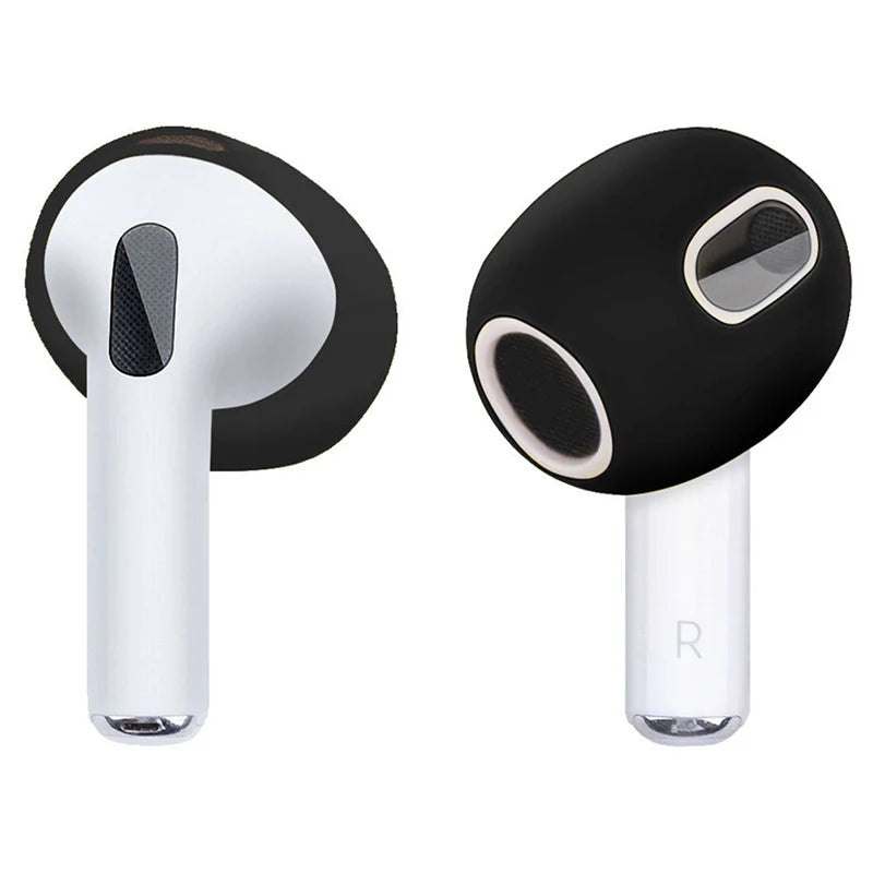 Black silicone ear covers for AirPods 3, offering a secure, protective fit for your white Apple earbuds.