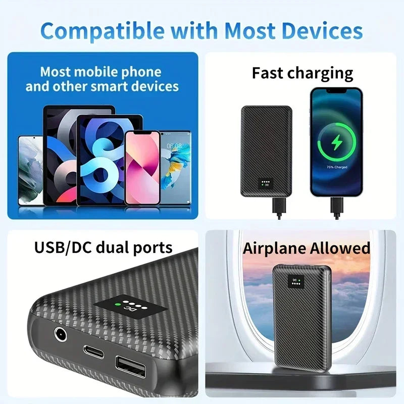 Black carbon-fibre finish 40000mAh power bank featuring USB and DC ports, LED display, and fast charging capability.