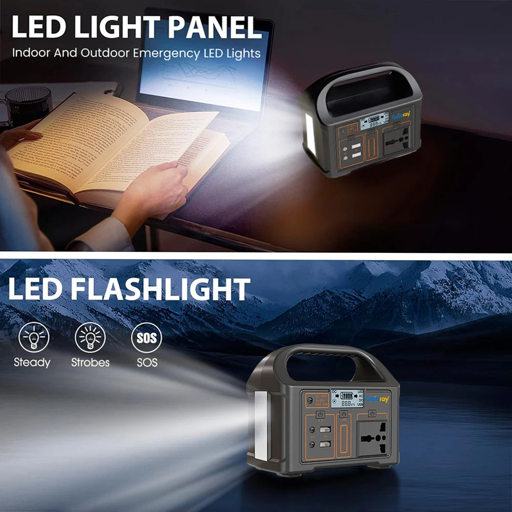 Split image showing a portable power station's LED light and flashlight modes in indoor and outdoor settings.