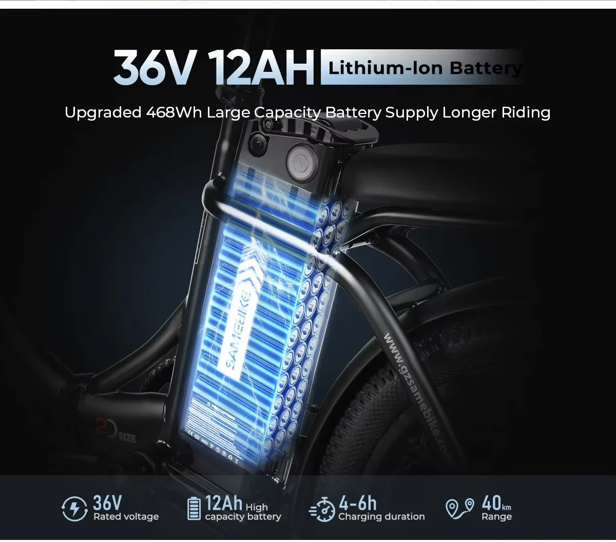 SAMEBIKE CY20 electric bicycle showing a glowing blue 36V 12Ah lithium-ion battery pack mounted on the frame.