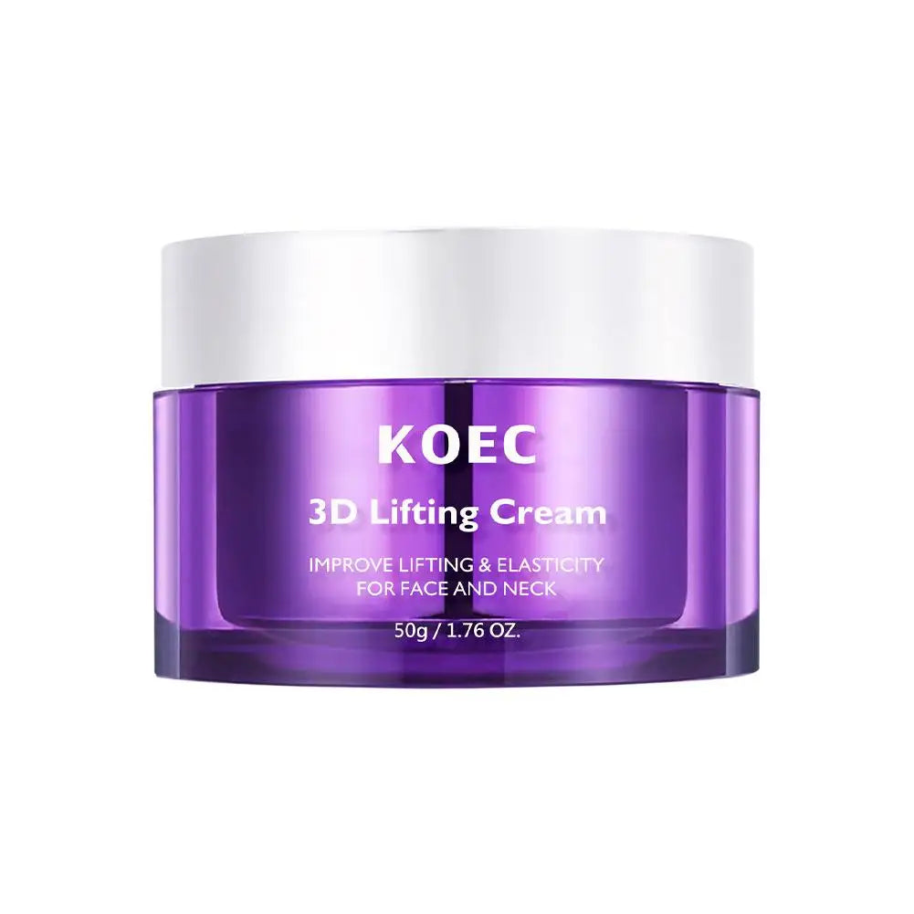 Purple 50g lifting face and neck cream jar with a white lid, designed to improve skin elasticity.