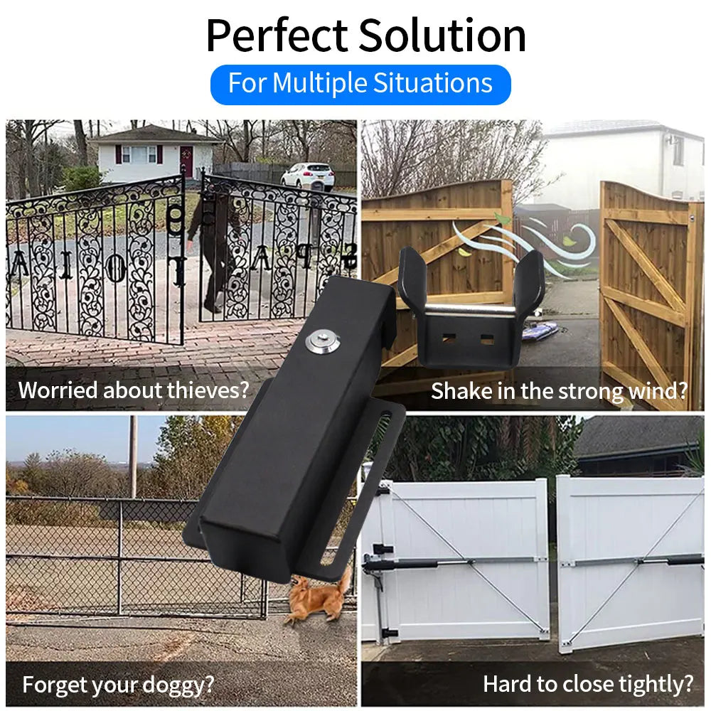 Black metal gate drop bolt lock with a cylinder key mechanism for mounting on fences and gates.