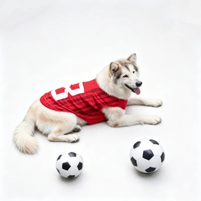 Red breathable mesh dog jersey with white number print, sleeveless sport style vest worn by a puppy.