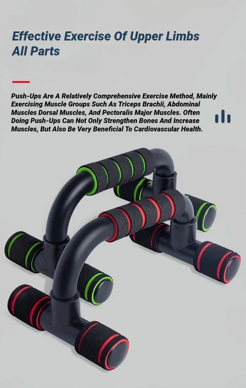 Two black push-up bars with soft foam grips in contrasting green and red accents.