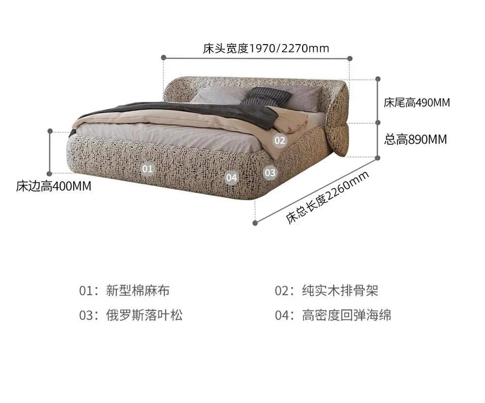 Modern low-profile bed frame in textured cream fabric with a curved, upholstered headboard and base.