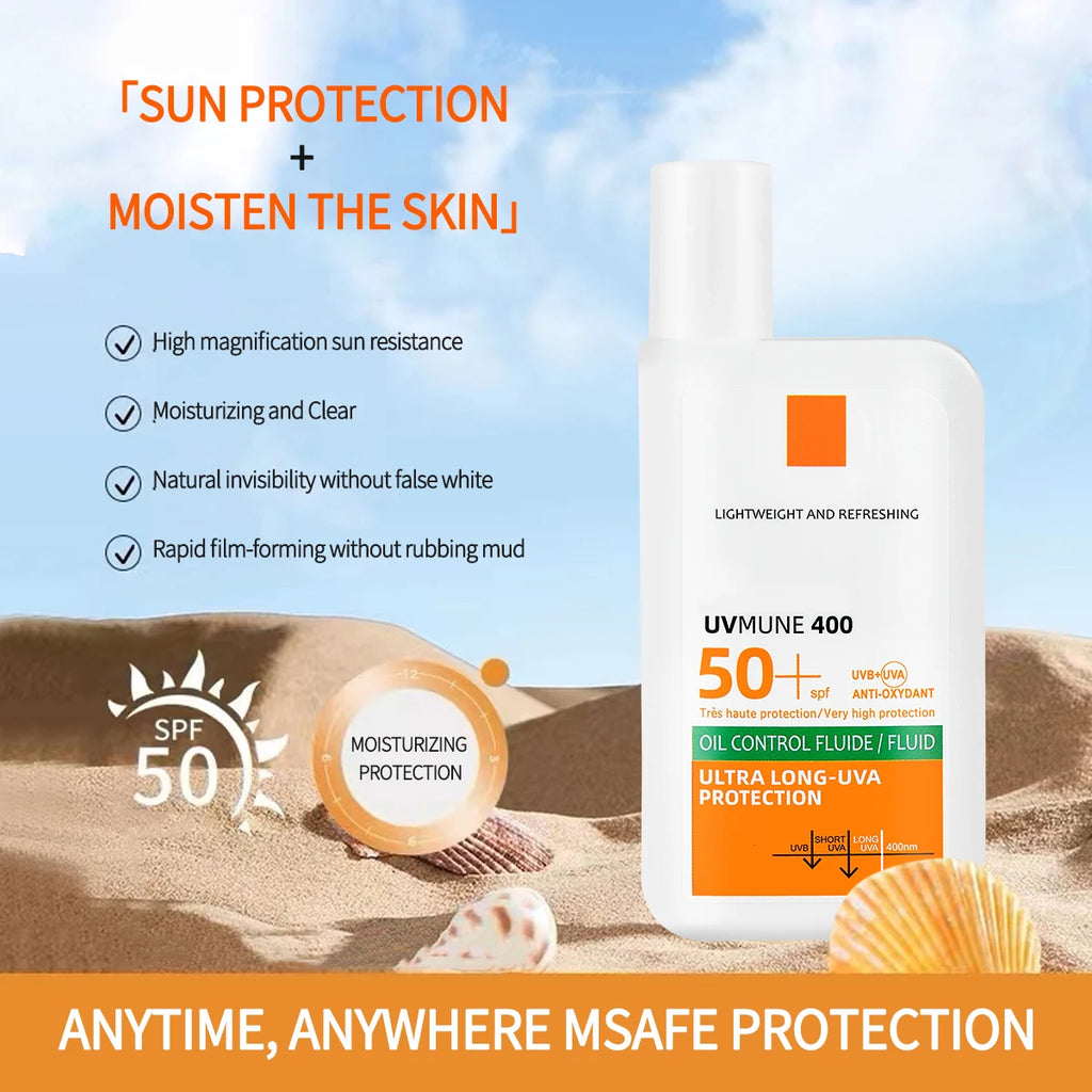 White SPF 50+ oil-control sunscreen fluid in a rectangular bottle, featured on a sandy beach background.