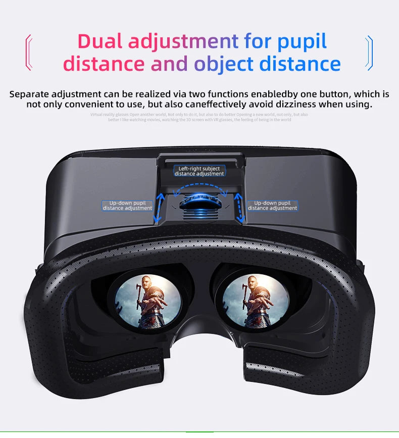 Black VR headset featuring adjustable lenses for pupil and focal distance, displayed with game imagery inside.