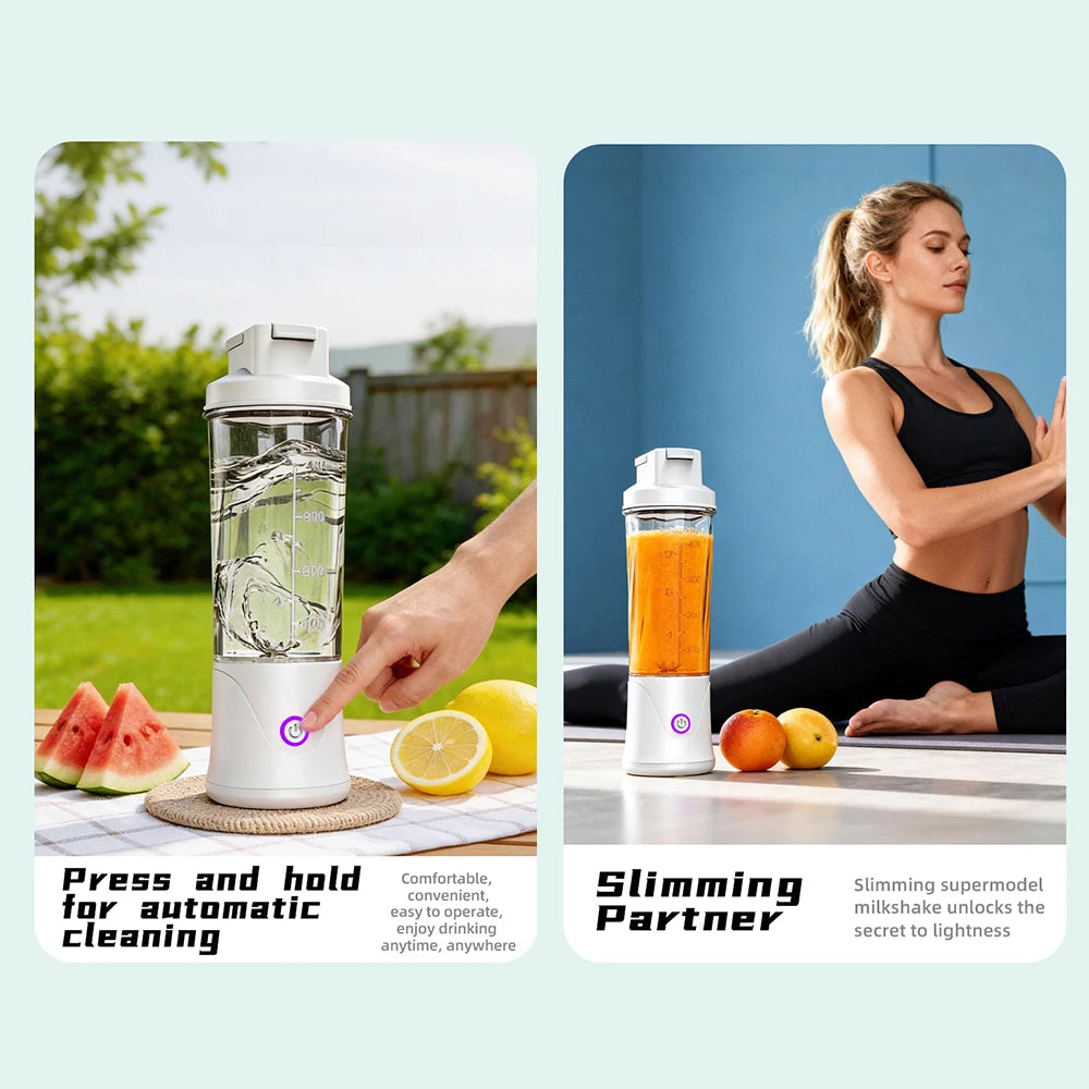 Portable white electric blender bottle with a clear body and power button, suitable for making shakes and smoothies.