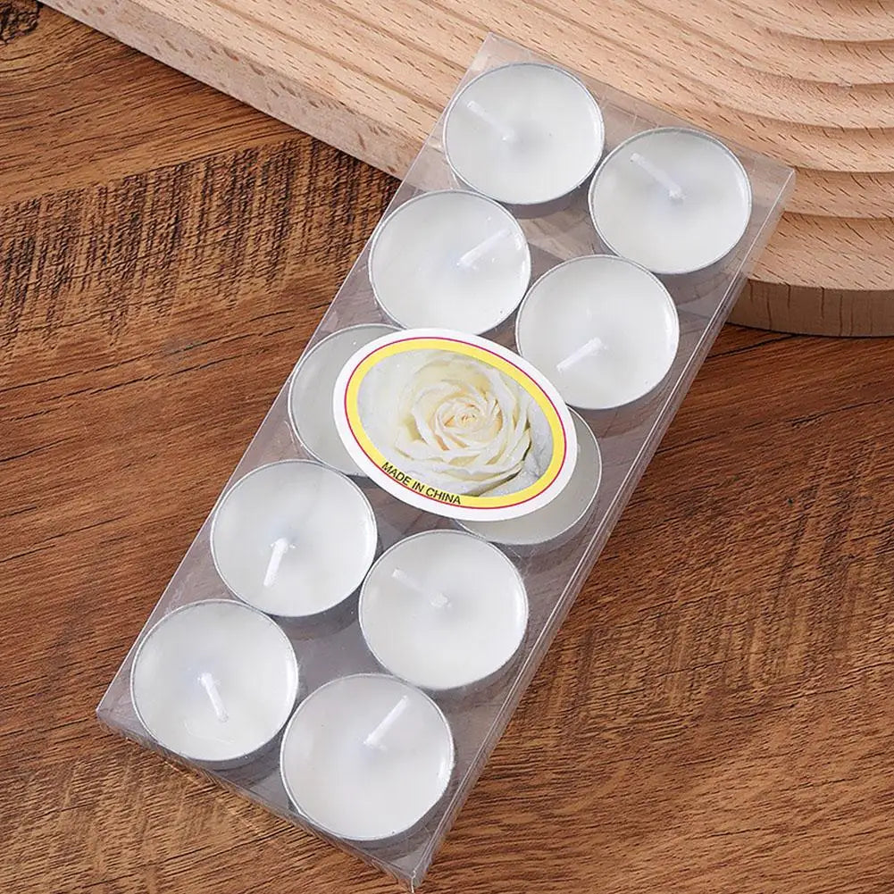 Pack of ten white tea light candles in metal cups, presented in a clear plastic sleeve.
