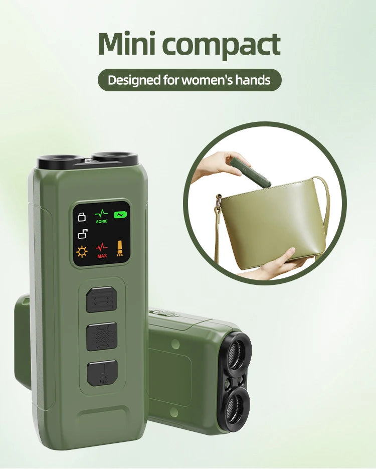 Compact sage green rechargeable dog deterrent device with digital display, buttons, and bright LED strobe feature.
