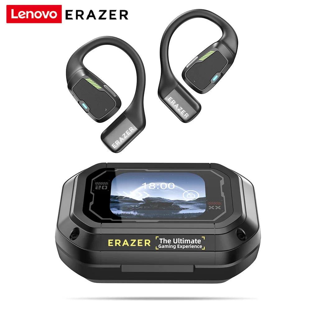 Black wireless ear hooks and a matching charging case with a digital screen display on a white background.