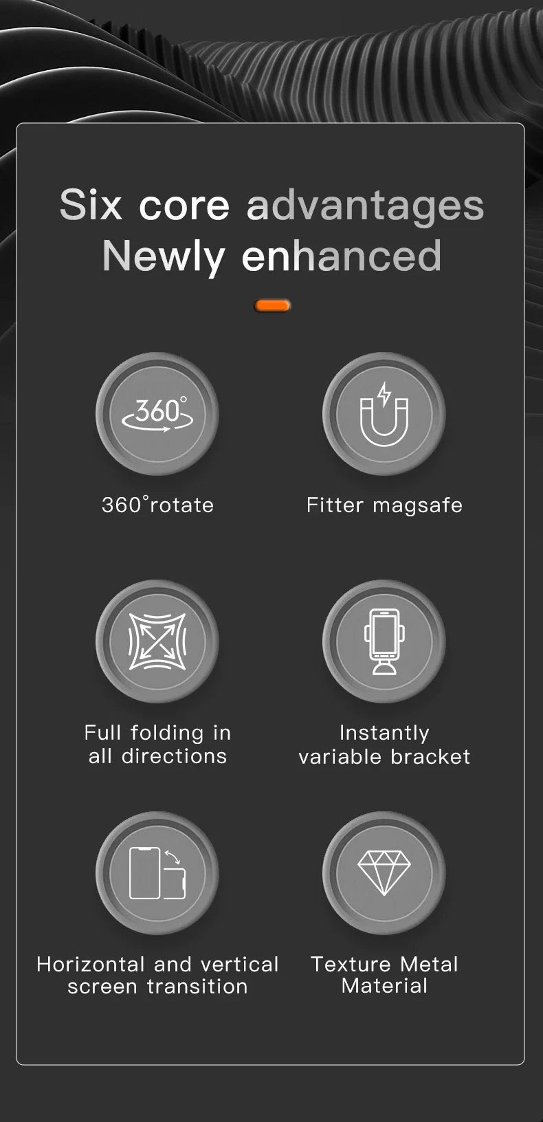 Infographic listing six product features for a metallic phone stand with rotation, folding, and magnetic capabilities.