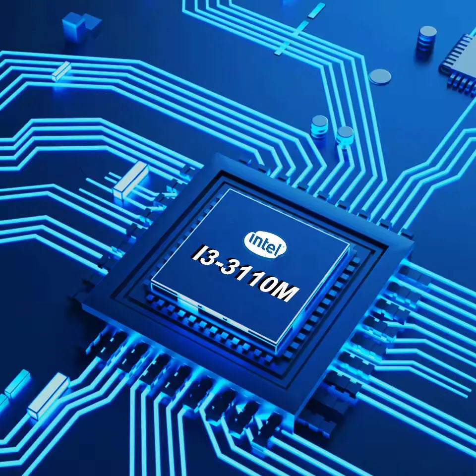 Blue circuit board background with Intel i3-3110M CPU chip in the center.