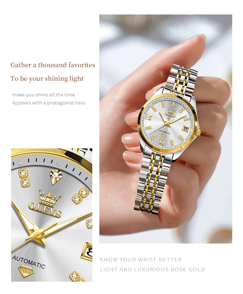 Elegant two-tone silver and gold stainless steel women’s watch with a diamond-accented face and date display.