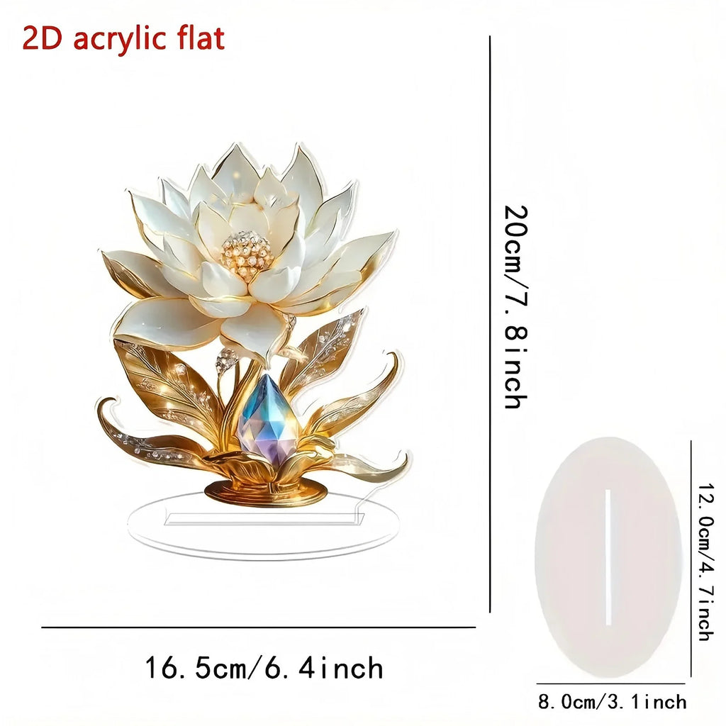 Decorative 2D flat acrylic lotus flower ornament with gold detailing, crystal accents, and an oval stand. 20cm height.