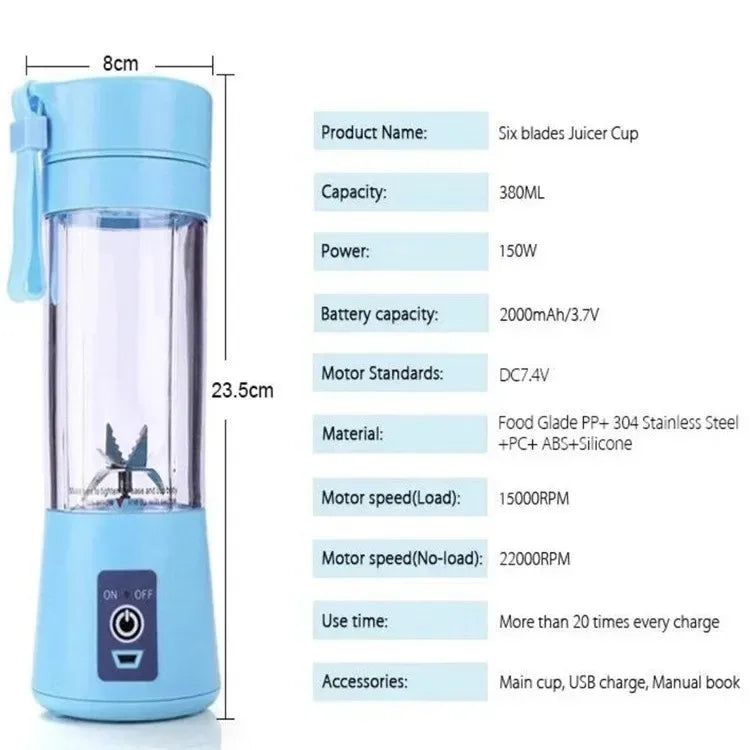 Portable light blue 380ml electric juicer cup with six internal blades and USB power specifications listed.
