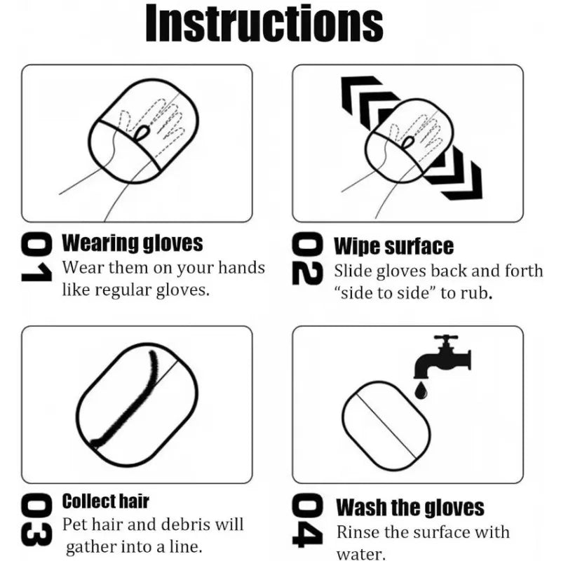 Four-step instructional diagram for using pet grooming gloves, featuring black and white line drawings.