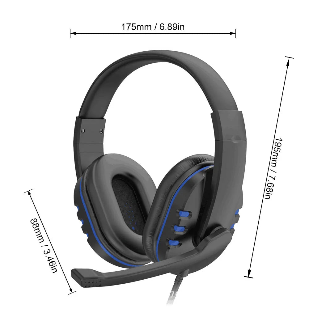 Black gaming headset with blue accents, padded ear cups, adjustable microphone, and integrated volume control.