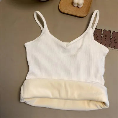 White ribbed V-neck camisole with thin spaghetti straps and a plush, cream-coloured fleece lining for extra warmth.