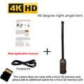 Black 4K security camera module with a 90-degree right-angle lens, charging cable, and instructional manual.