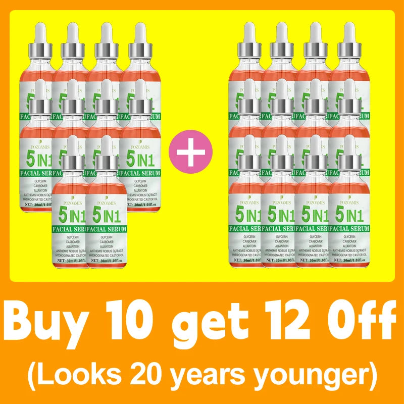 A promotional bundle of 12 orange 5-in-1 facial serum bottles with white glass droppers, labeled for anti-aging.