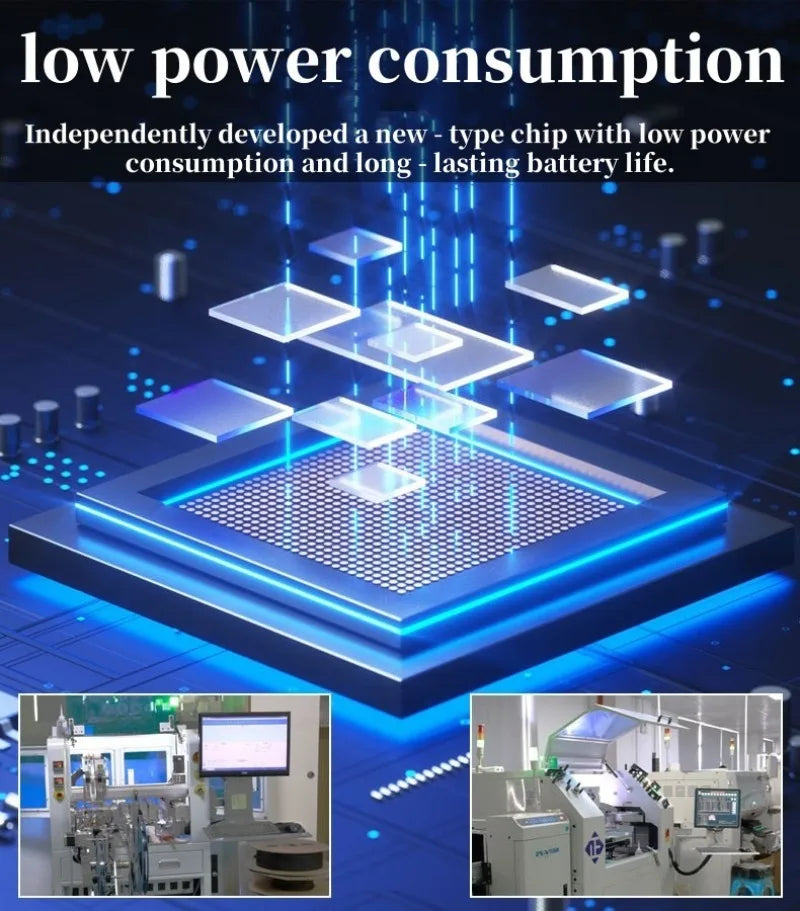 A digital graphic showing a glowing blue microchip to represent low power consumption and long battery life.