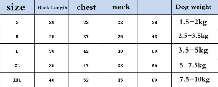 Size guide table for casual dog hoodie, listing back length, chest, neck measurements and recommended dog weight.