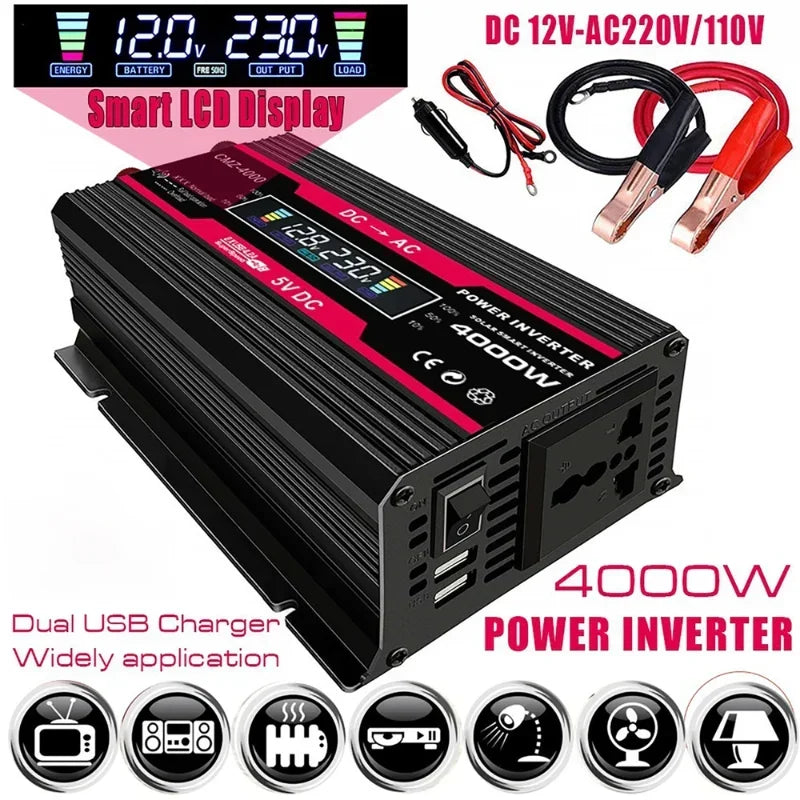 Black 4000W car power inverter with red trim, smart LCD display, dual USB ports, and included battery connection cables.