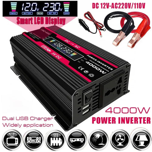 Black 4000W car power inverter with red trim, smart LCD display, dual USB ports, and included battery connection cables.