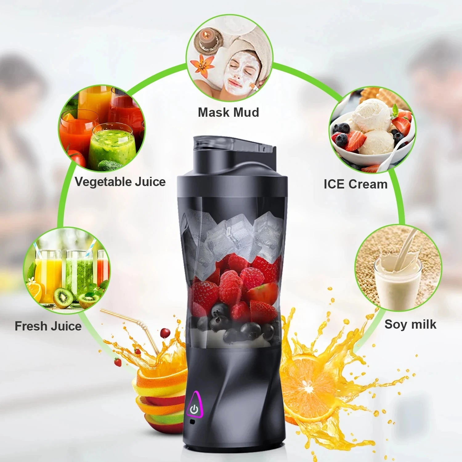 Portable black personal blender showing ingredients for juice, smoothies, ice cream, and masks. Includes power button.
