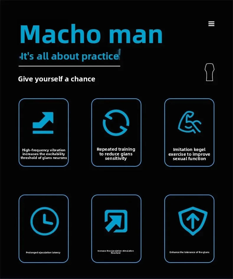 Black infographic showing features of an automatic male masturbation cup in blue text, icons, and minimalist style.