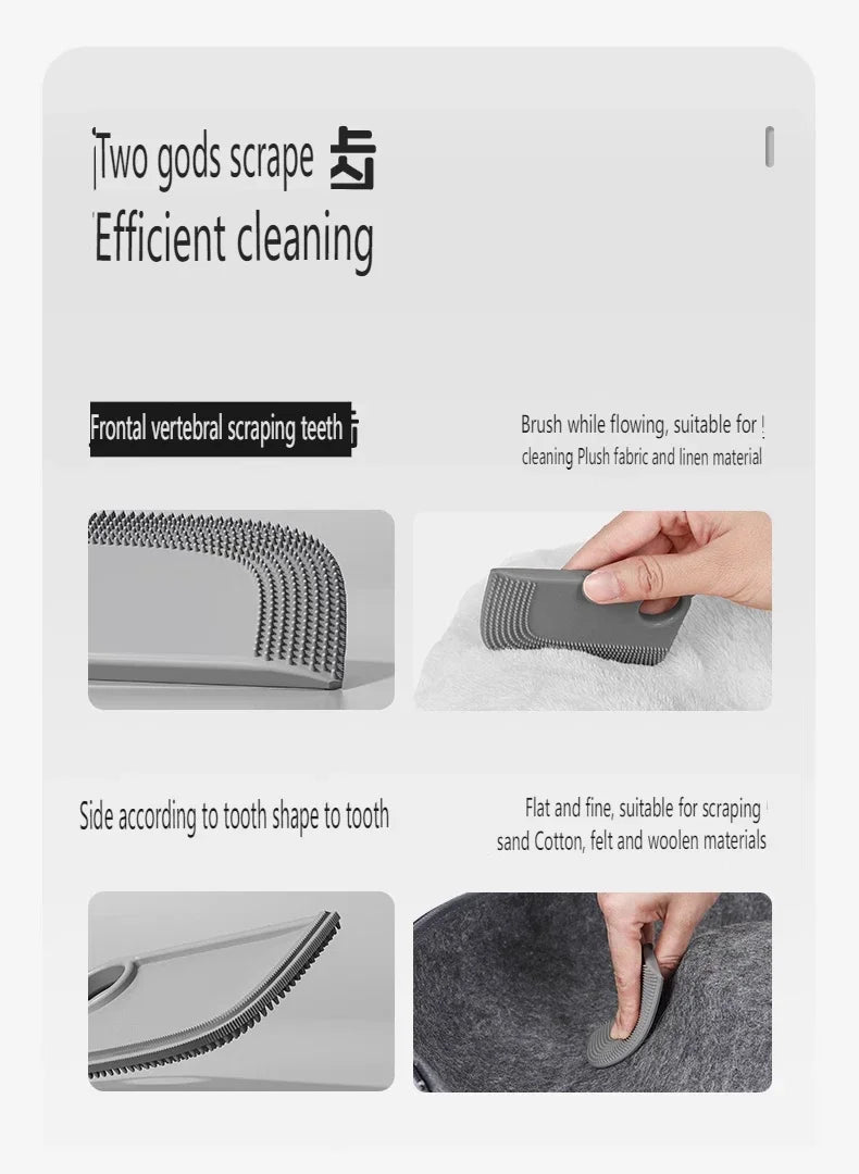 Grey handheld fabric lint and bobble remover tool with serrated scraping edges for cleaning upholstery and clothes.