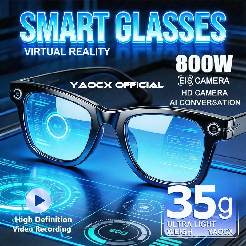 Black smart glasses with integrated HD cameras, featuring a sleek frame and blue-tinted lenses on a digital background.