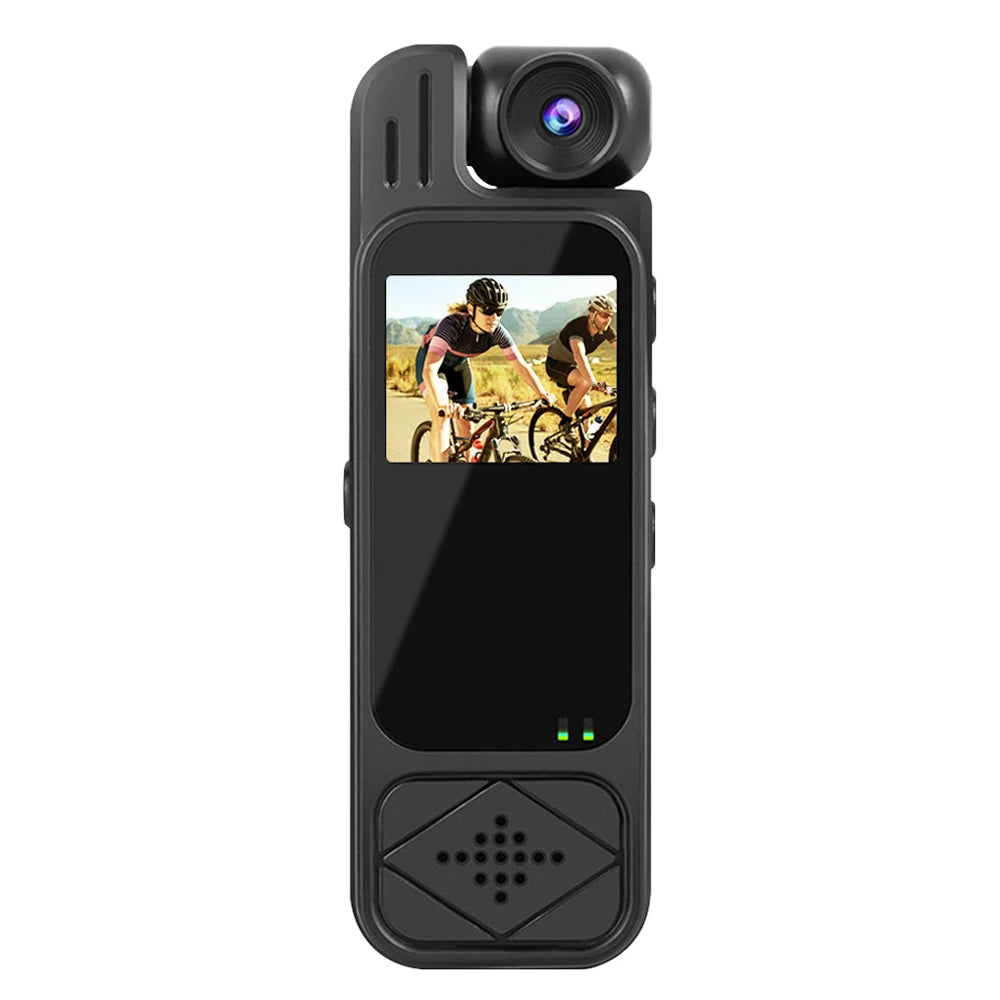 Black plastic body camera with a top-mounted lens, digital screen showing cyclists, and a textured speaker grill.