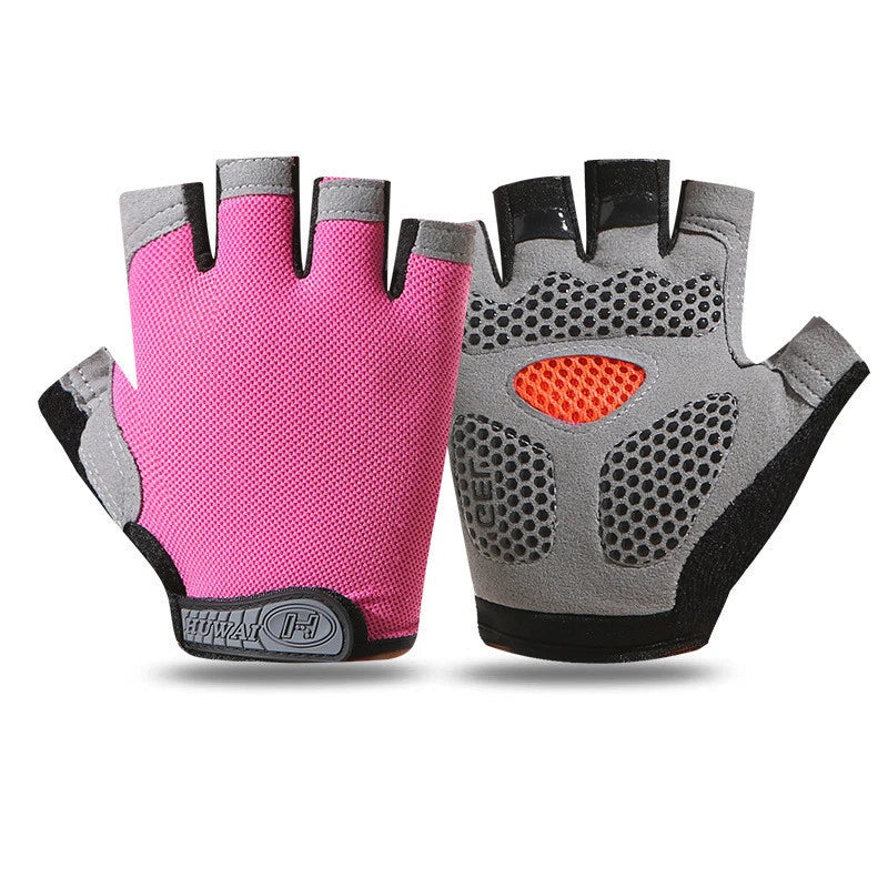 Pair of fingerless cycling gloves in pink and grey with textured grip padding and mesh detailing.