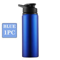 Blue metal water bottle with a black flip-top lid, shown next to a blue 'BLUE 1PC' label.