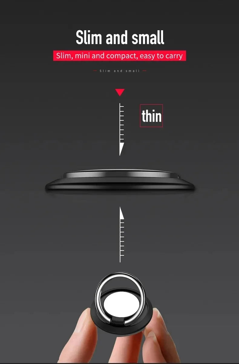 A slim, black circular phone ring holder with a metallic ring, held in fingers, highlighting its thin, compact design.