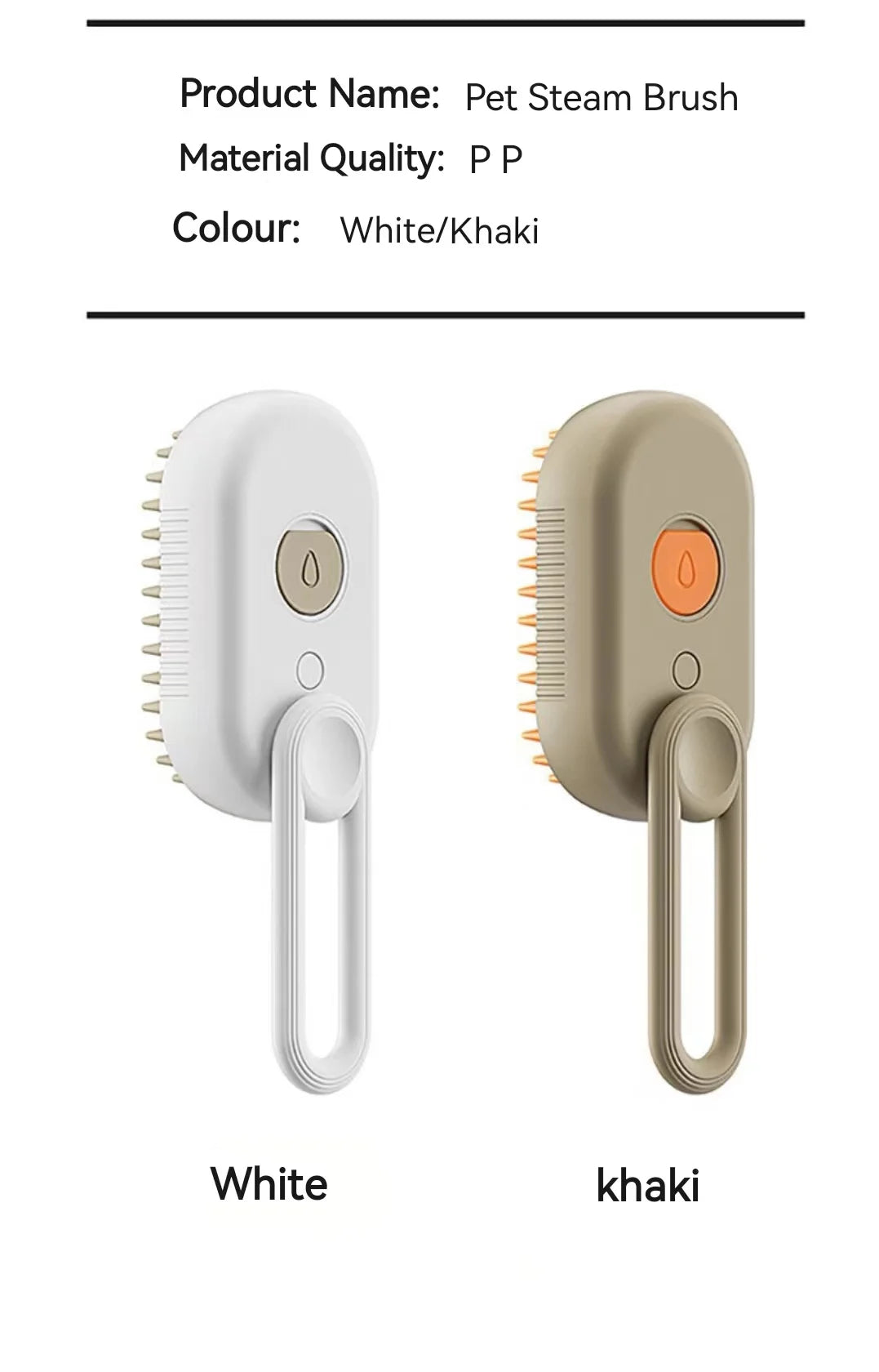 Two pet steam brushes in white and khaki, featuring a central button and a hanging loop design.
