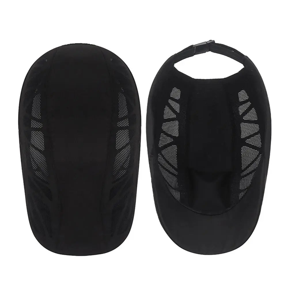 Top and underside view of a black men's flat cap featuring breathable mesh panels and an adjustable strap.