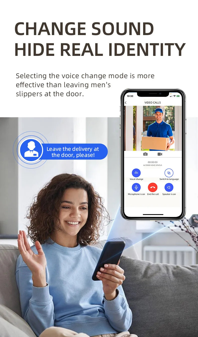 A smiling woman uses a smartphone app to control a smart doorbell, featuring a voice-changing security setting.