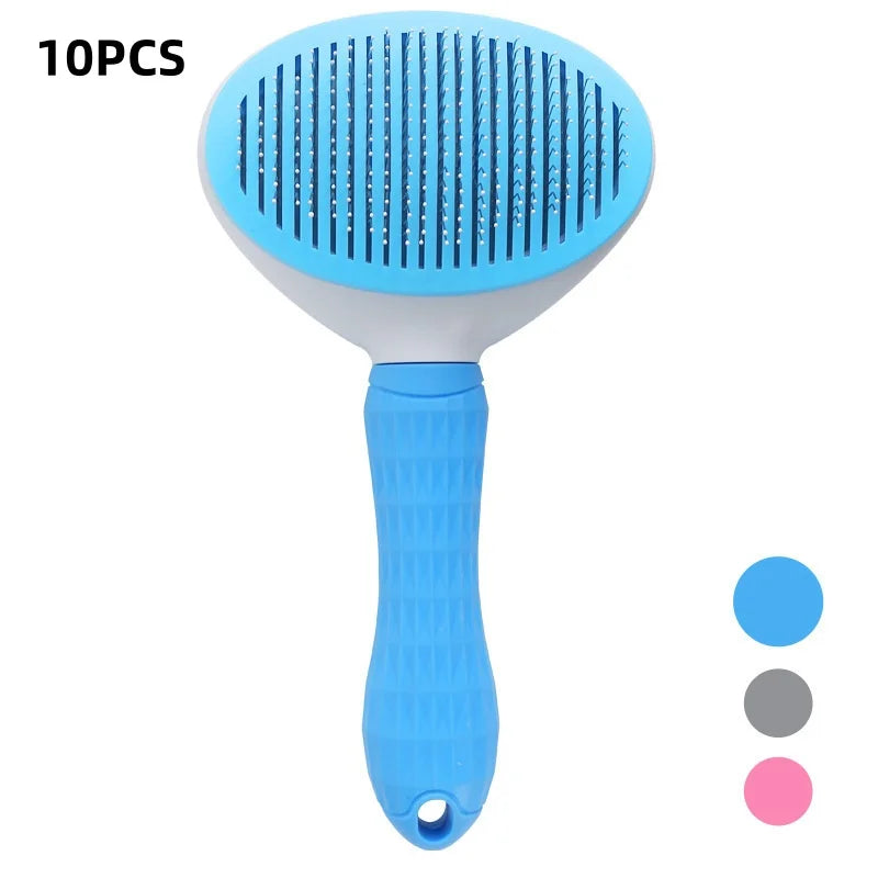 Blue self-cleaning pet slicker brush with a textured handle and hanging loop.