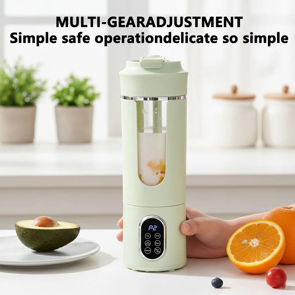 Sage green portable electric blender with a digital display and gear settings, sitting on a kitchen counter.