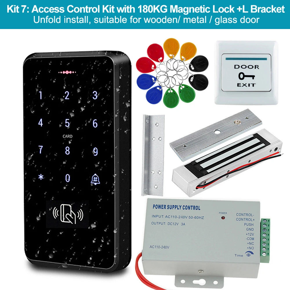 Black electronic keypad, metal magnetic lock, L-bracket, white exit button, power supply, and multi-coloured key fobs.