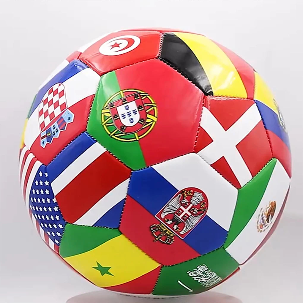 Multi-coloured football featuring various international flags and emblems, stitched with a standard panel design.