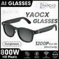 Black smart sunglasses with integrated HD camera, AI translation, Wi-Fi connectivity and surround audio features.