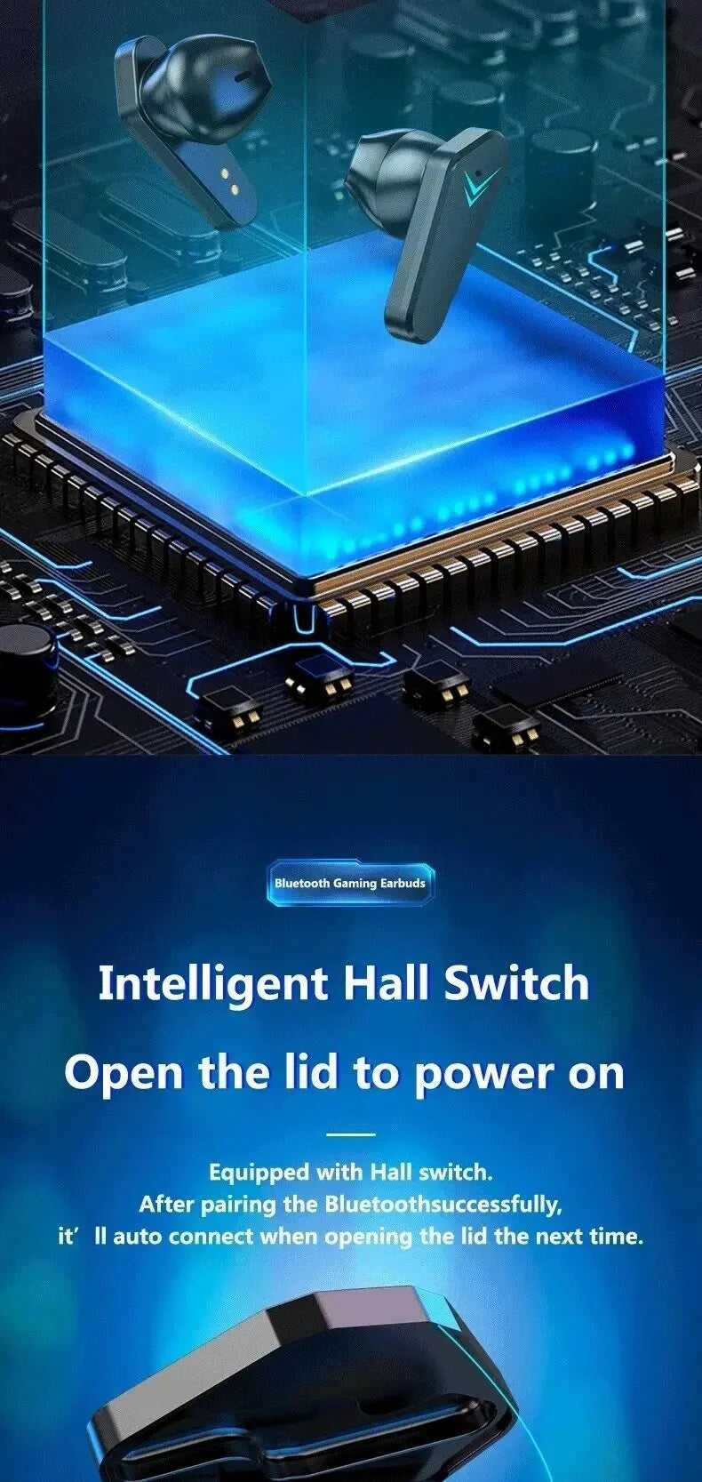 Dark blue gaming earbuds with a sleek angular design, hovering above a glowing digital circuit board background.